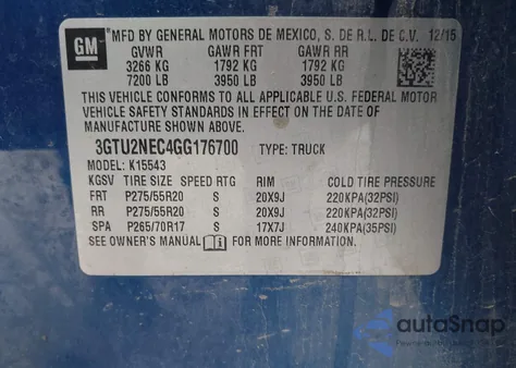 2016 GMC Sierra 1500 Slt from USA, damaged, VIN 3GTU2NEC4GG176700